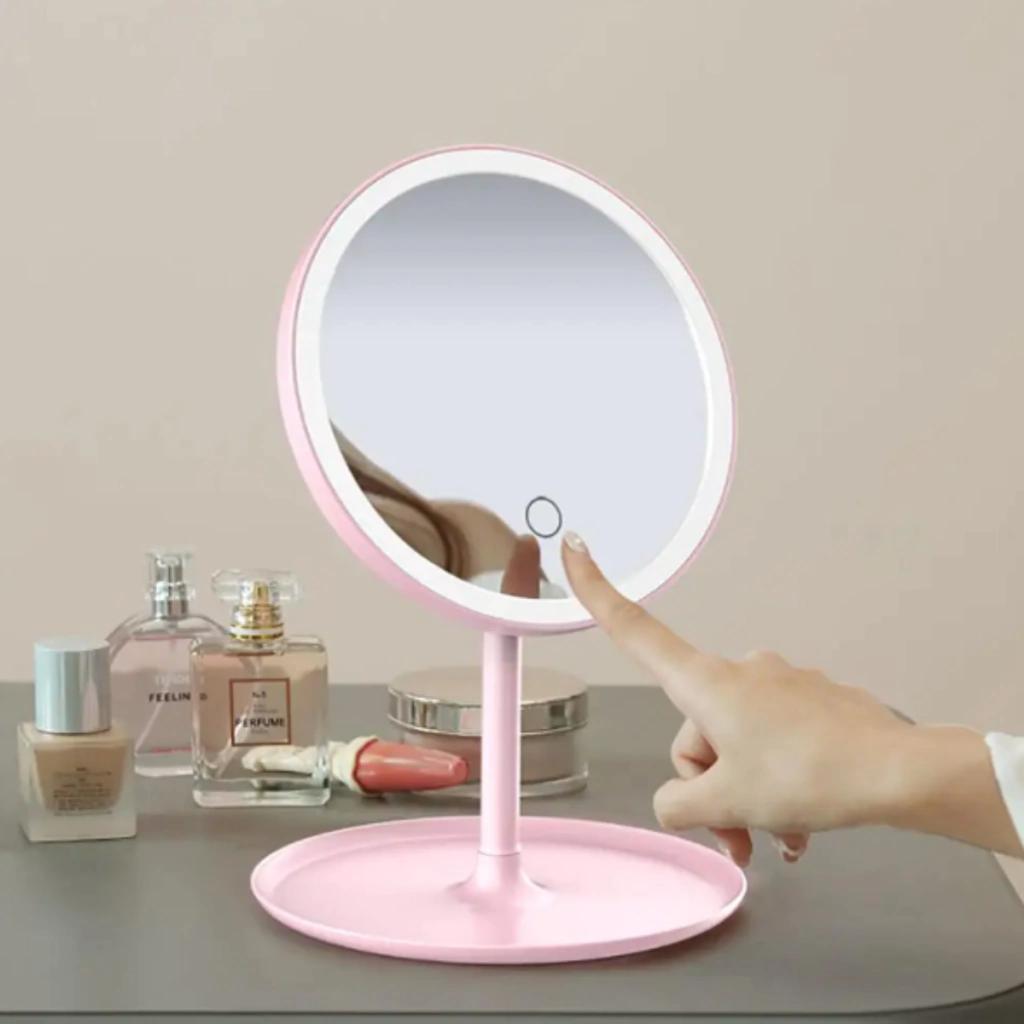 Espejo Led Redondo Con Base Rosa Lula
